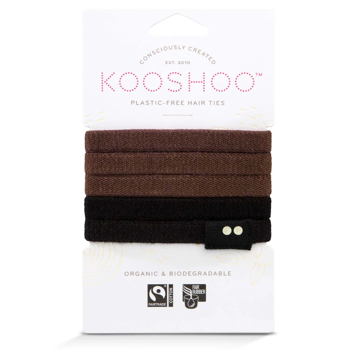 Plastic-Free Organic Hair Ties by Kooshoo in brown and black showing label