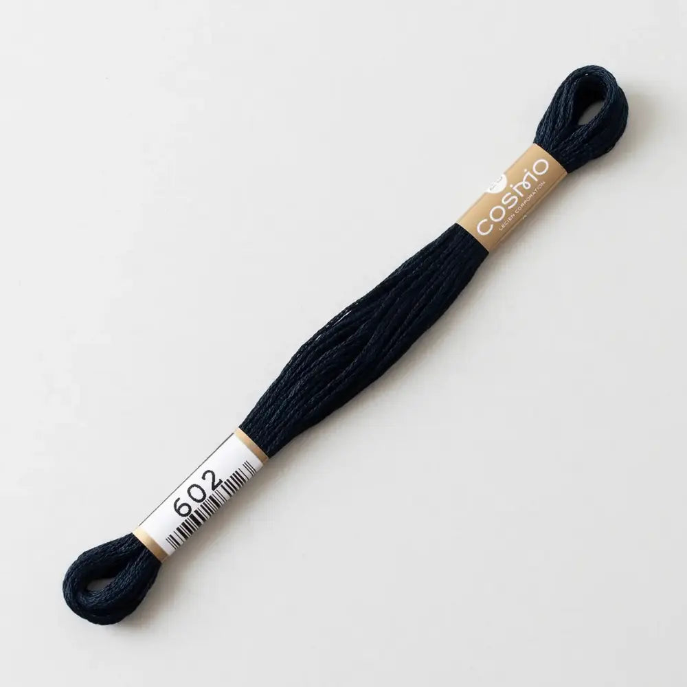 Black cotton embroidery floss and 'Cosmo' branding on a light gray background