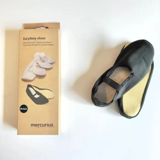 a pair of black eurythmy shoes on white next to the packaging