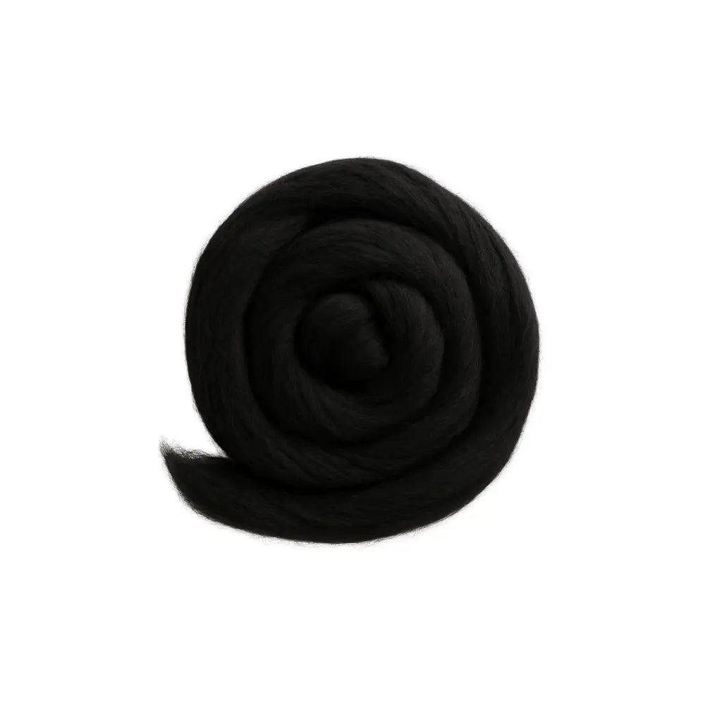 Black superfine Merino wool sliver fiber for spinning and felting on white background