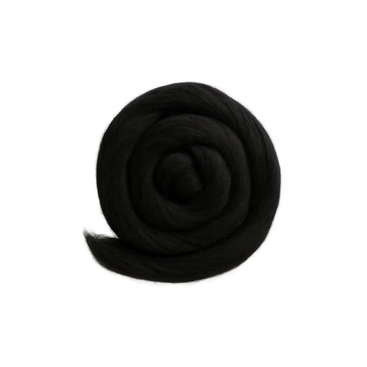 Black superfine Merino wool sliver fiber for spinning and felting on white background