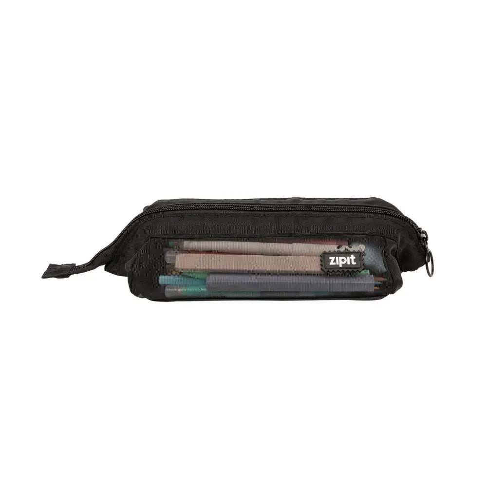 Closed black mesh pencil case with visible school supplies inside