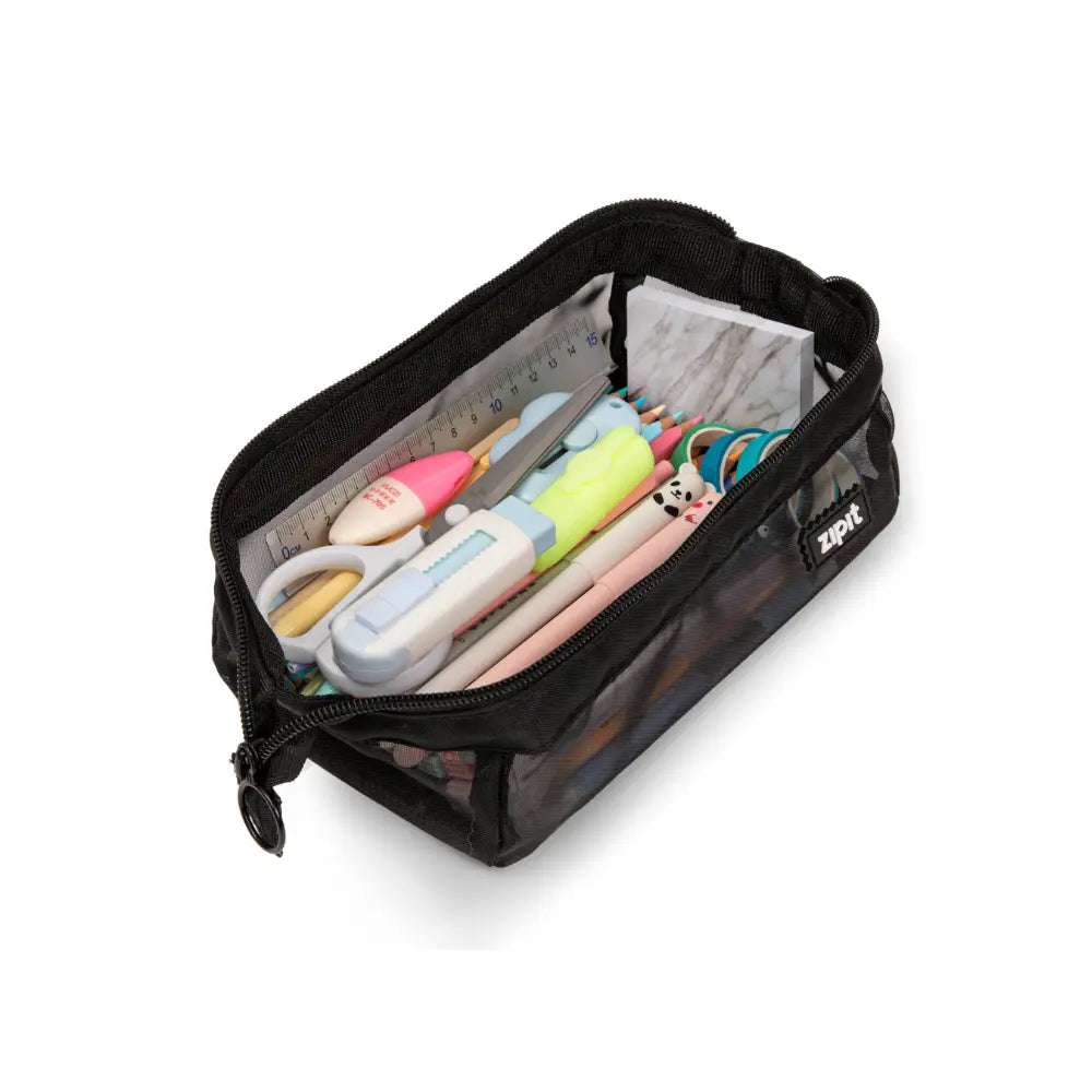 Closed black mesh pencil case with visible school supplies inside