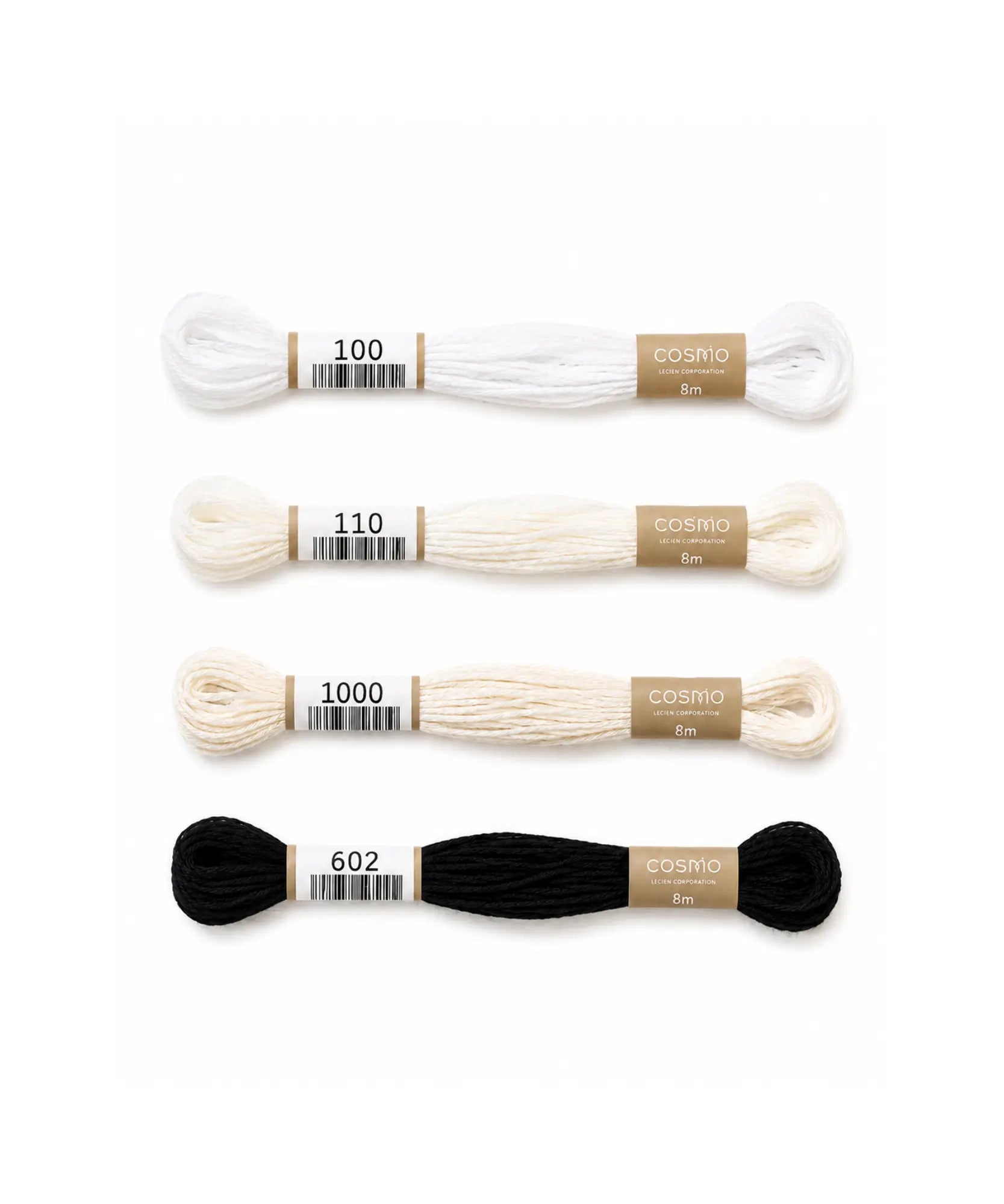 Set of white and black embroidery threads with labels on a white background