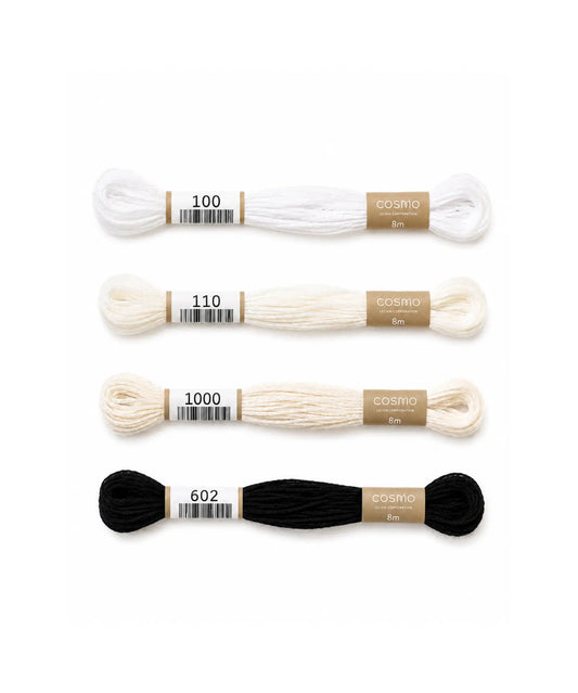 Set of white and black embroidery threads with labels on a white background