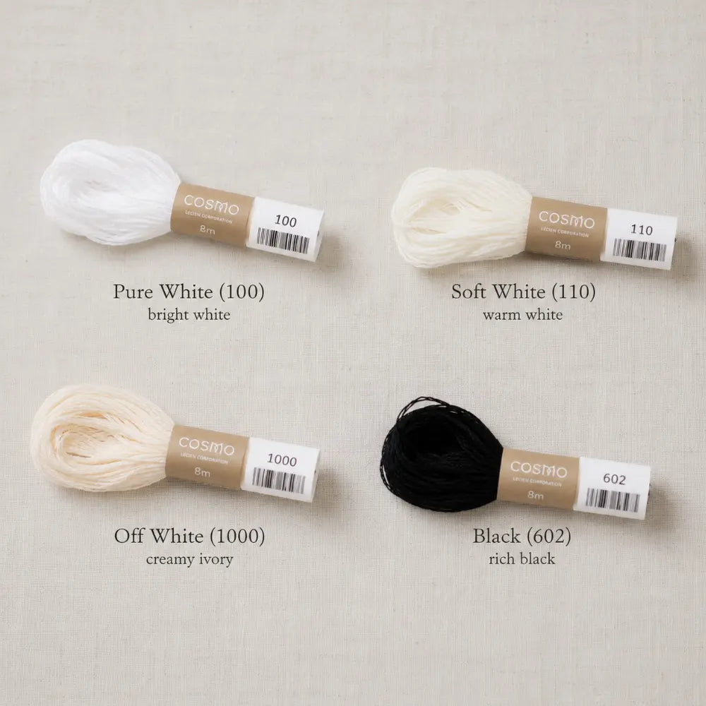 Cosmo embroidery floss in different colors on a beige background