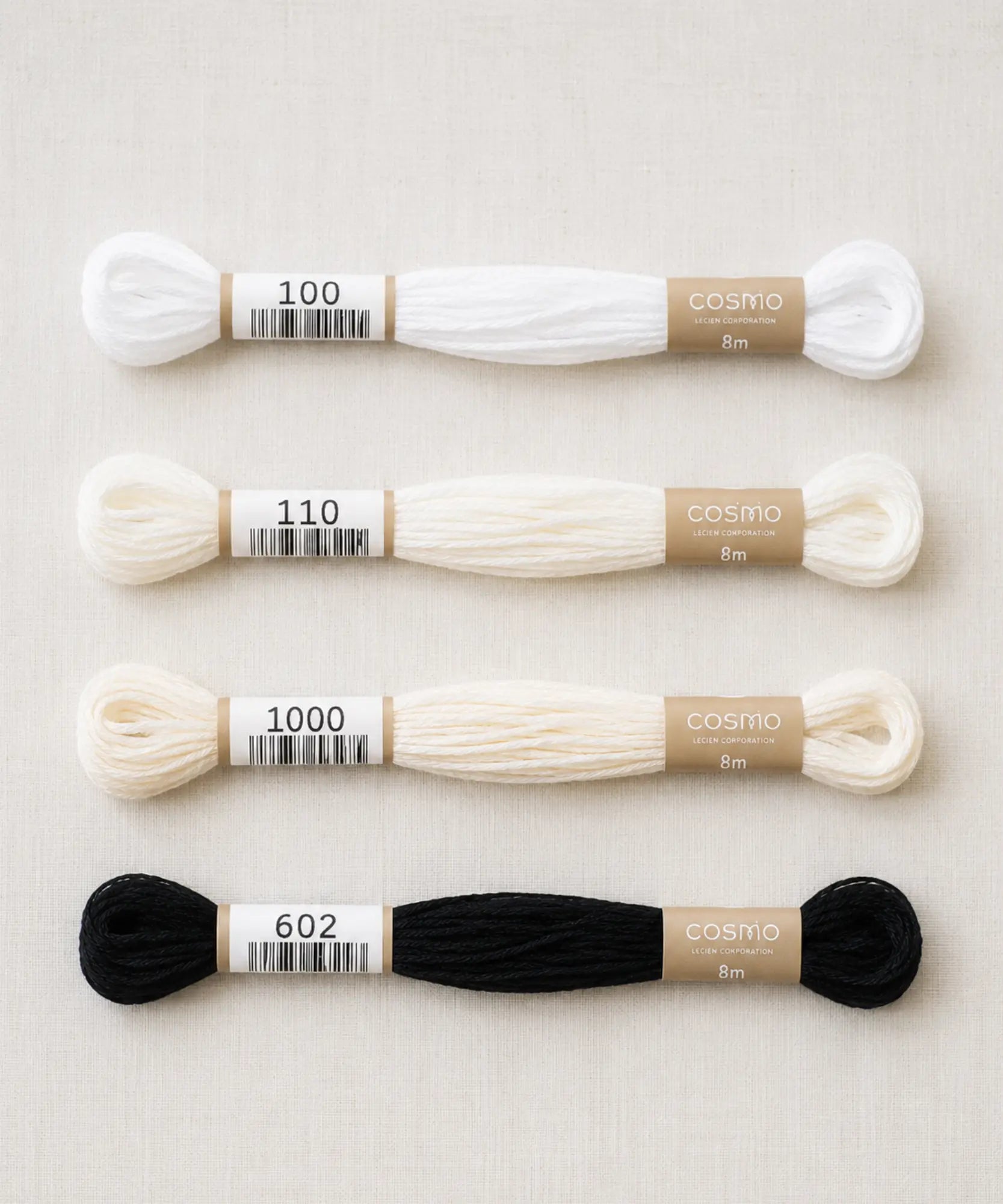 Black and white cotton embroidery floss and 'Cosmo' branding 