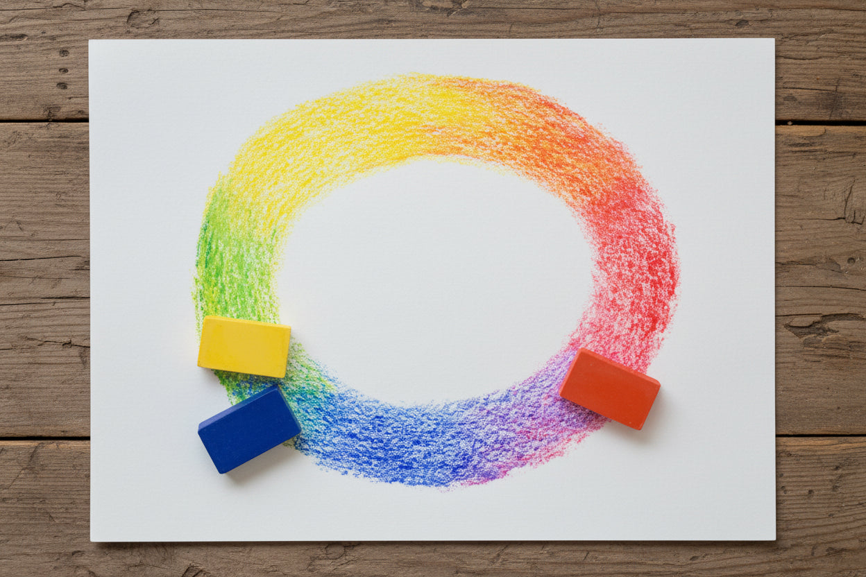 A drawing color ring using block crayons in red, purple, blue, green, yellow, orange and back to red on white paper