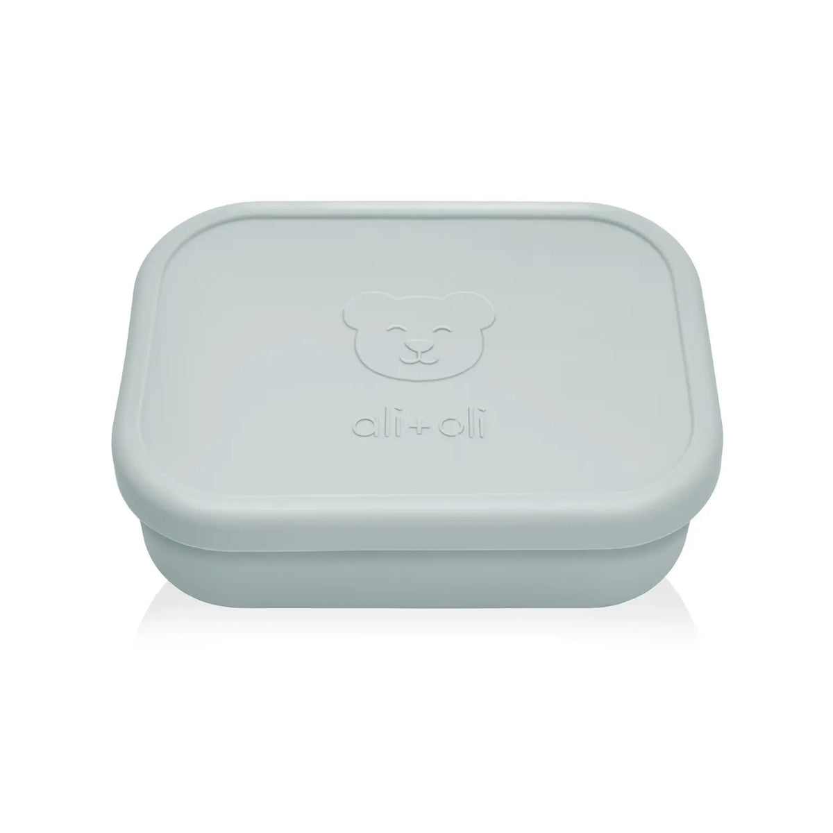 Closed light blue Ali+Oli Bear silicone bento box with embossed bear design.