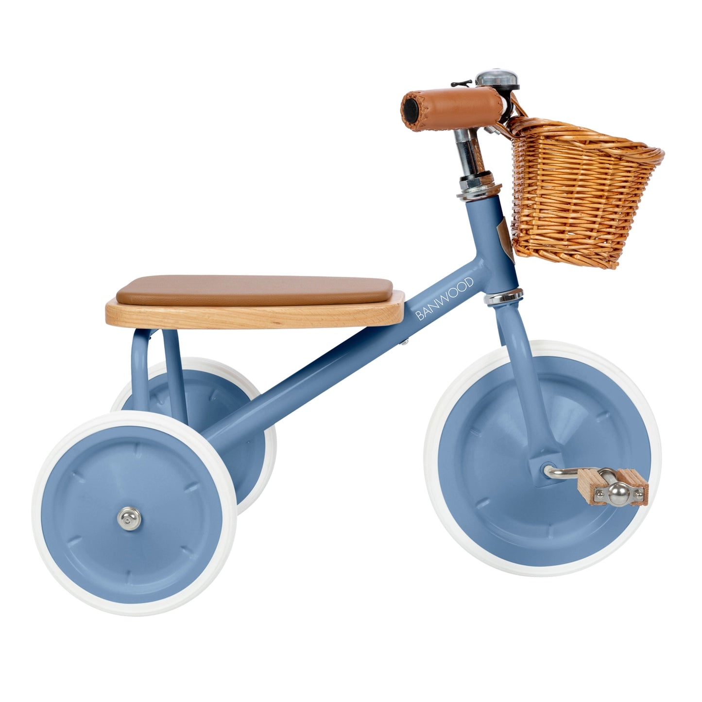 Blue children's tricycle with a wooden seat and basket on a white background