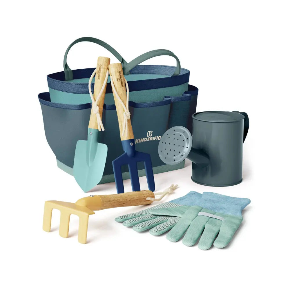 Gardening tool set with buckets, shovels, rakes, and gloves on a white background