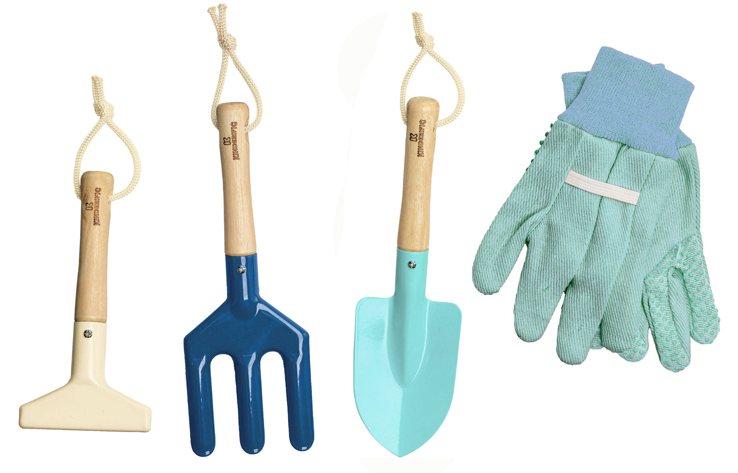 Set of gardening tools with a pair of gloves on a white background