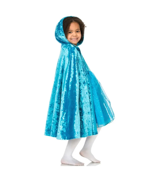 Child wearing blue cotton velour hooded cape for dress-up and imaginative play