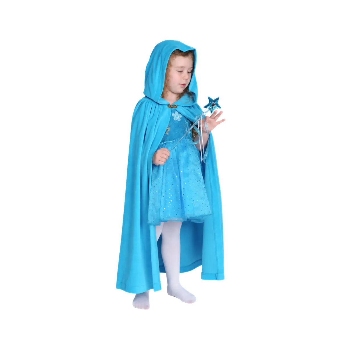 Child wearing blue cotton velour hooded dress-up cape on white background