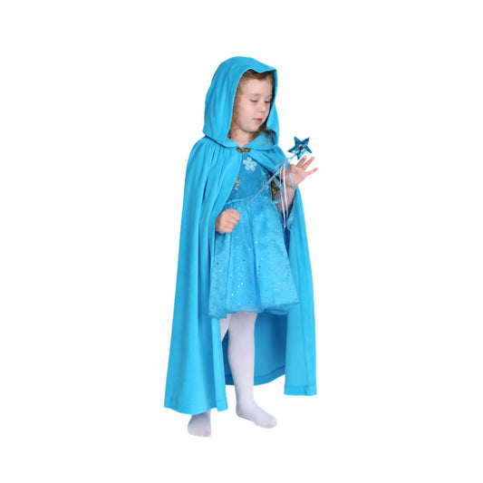 Child wearing blue cotton velour hooded dress-up cape on white background