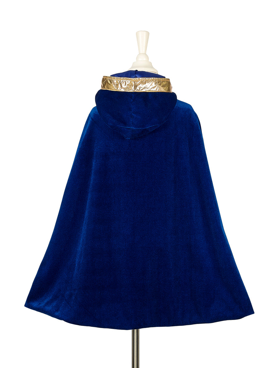 Back view of blue hooded dress-up cape showing flowing fabric and full length