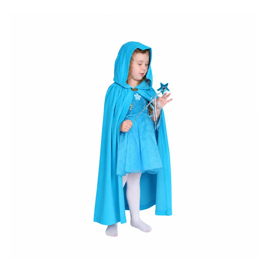 A young girl wearing a bright turquoise blue hood holding a wand