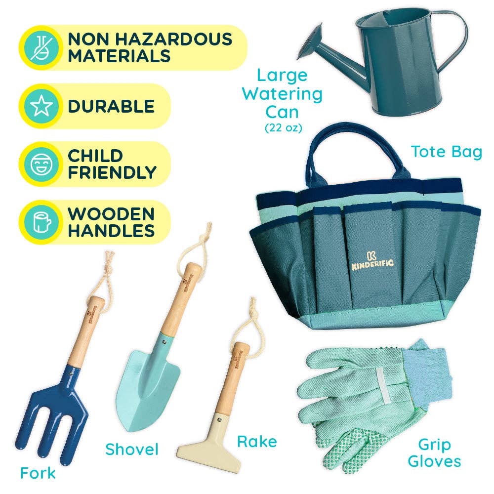 Gardening tools and accessories including a water can, tote bag, gloves, and tools on a white background.