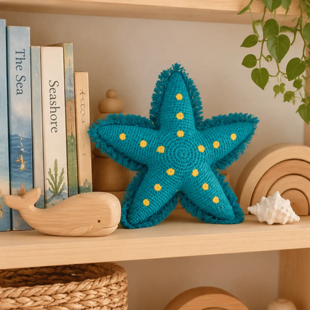 Lagoon blue crocheted organic cotton starfish soft toy with yellow spots on a wooden playroom shelf beside ocean picture books and natural wooden toys.
