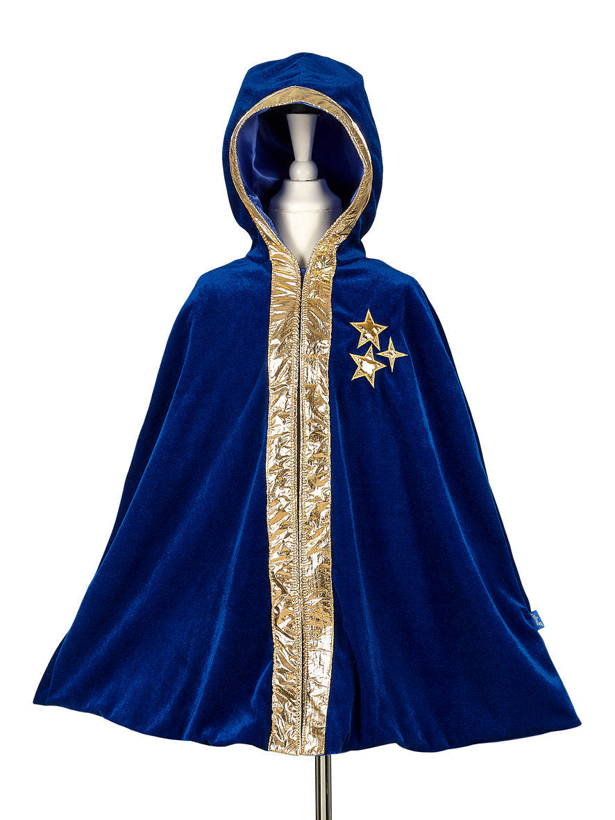 Children’s blue magician cape with hood and gold trim shown from front for dress-up play