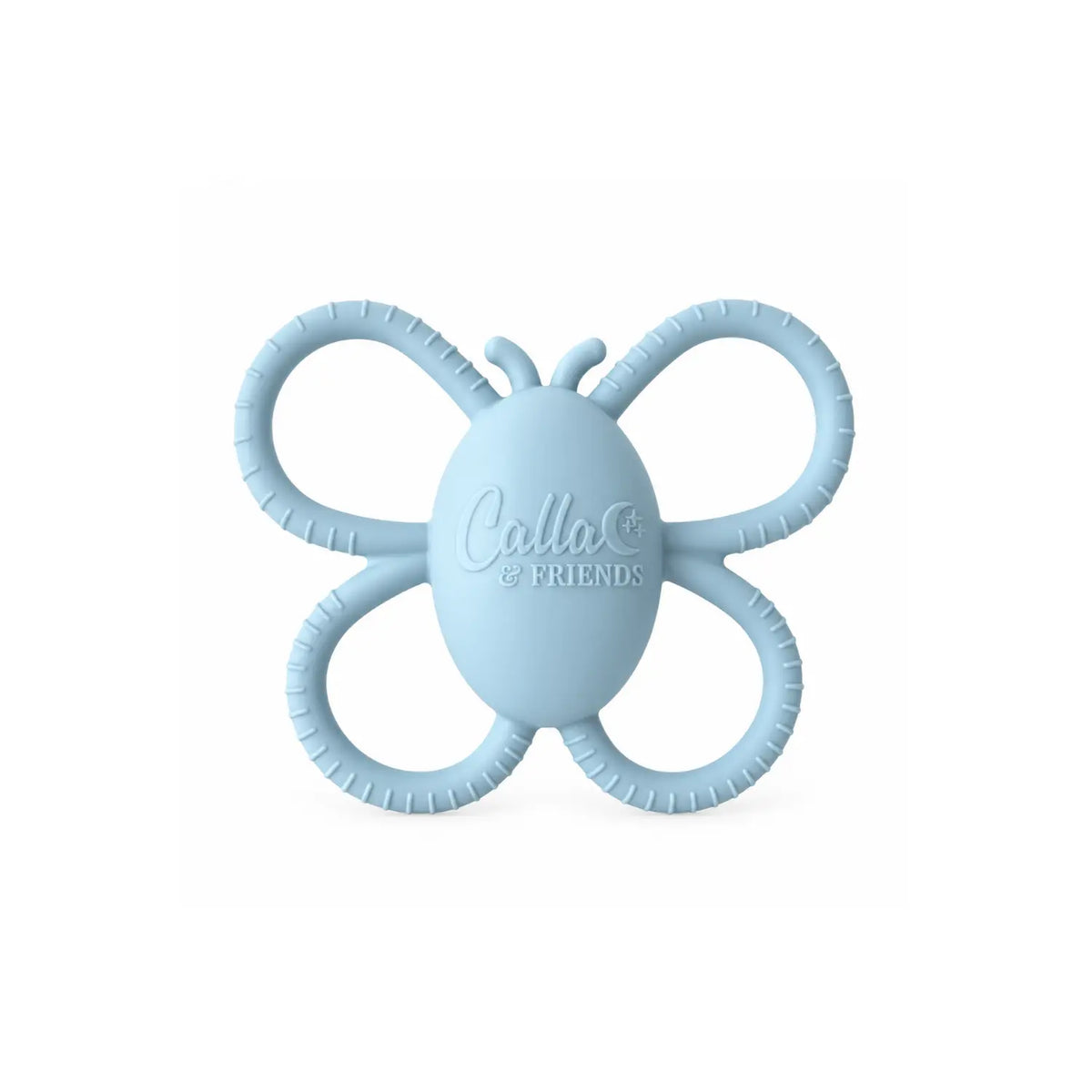 Light powder blue Calla & Friends silicone butterfly rattle teether with easy-to-grasp textured wings