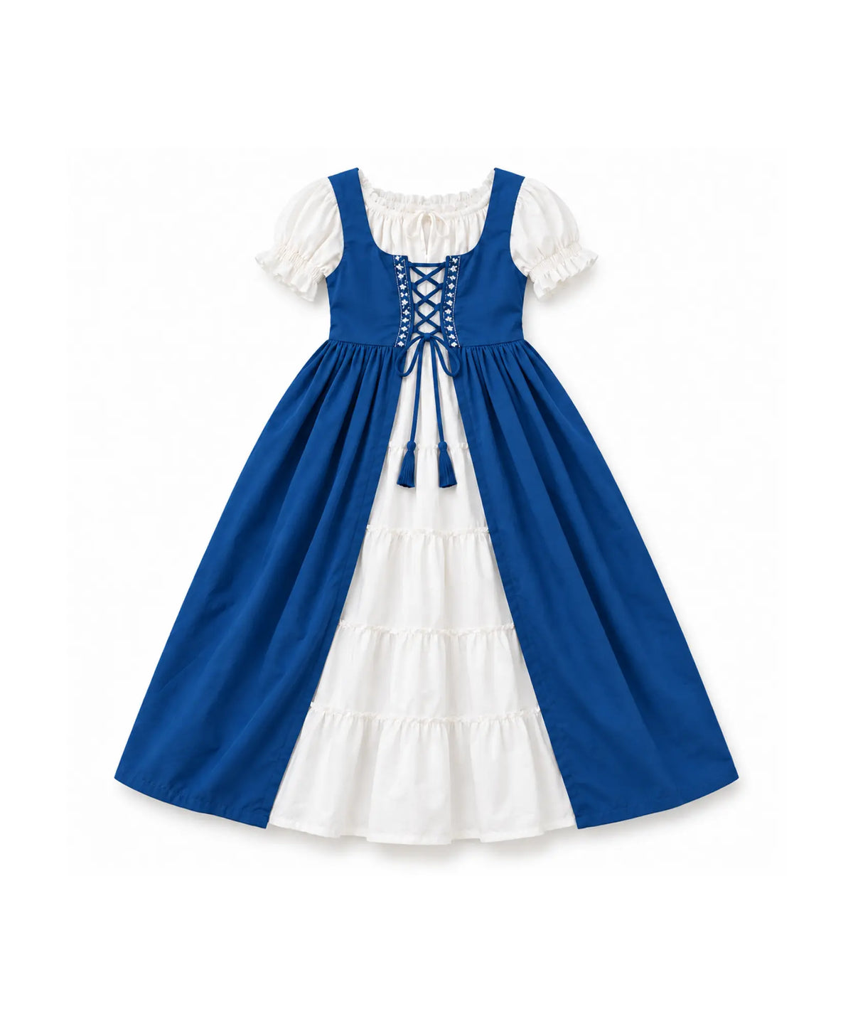 Blue storybook princess dress layered over a white chemise, shown laid flat on a white background.