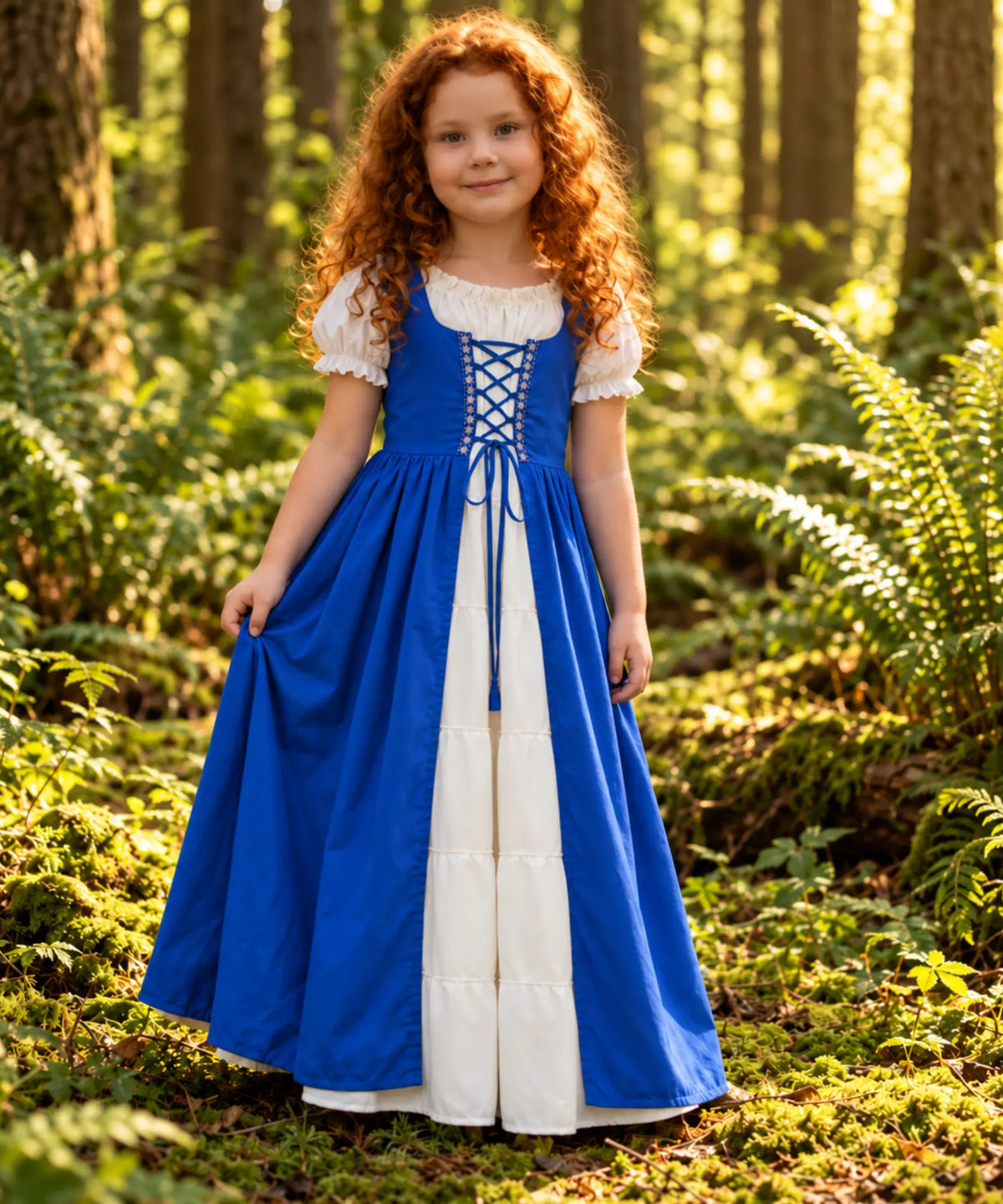 Child wearing a blue storybook princess dress with white chemise for woodland imaginative play and dress-up.
