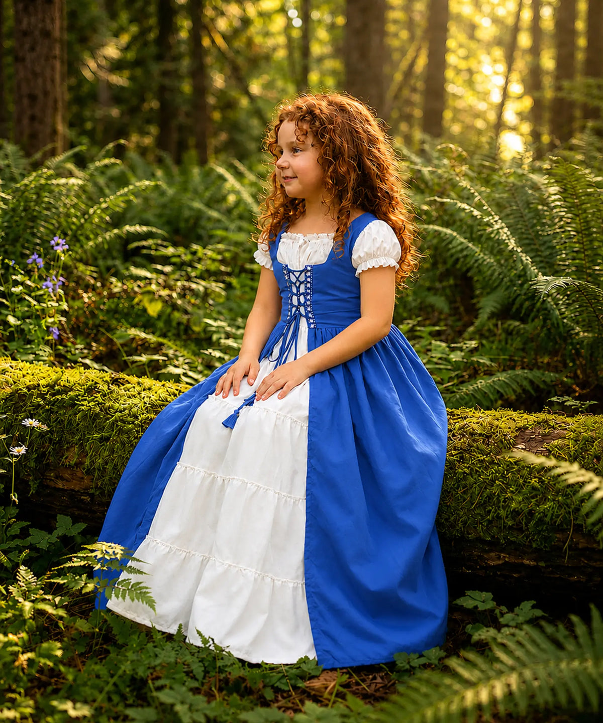 Child sitting wearing a blue storybook princess dress with white chemise for woodland imaginative play and dress-up.
