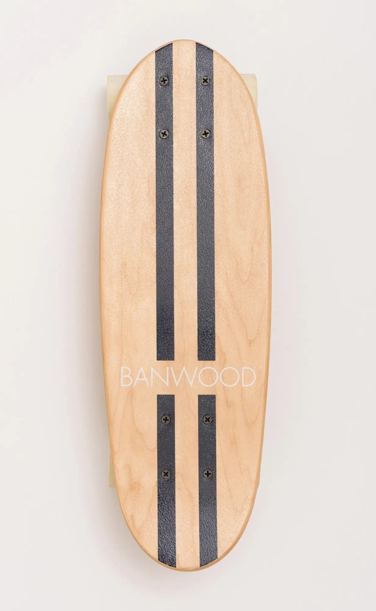 Wooden skateboard deck with black stripes on a white background, featuring the brand 'BANWOOD'.