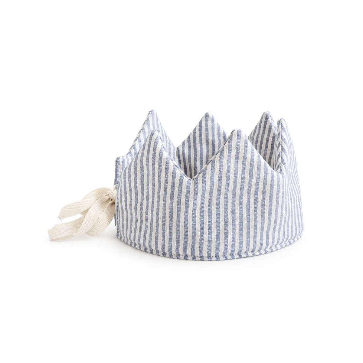 Blue striped natural linen dress-up crown with adjustable ties for children