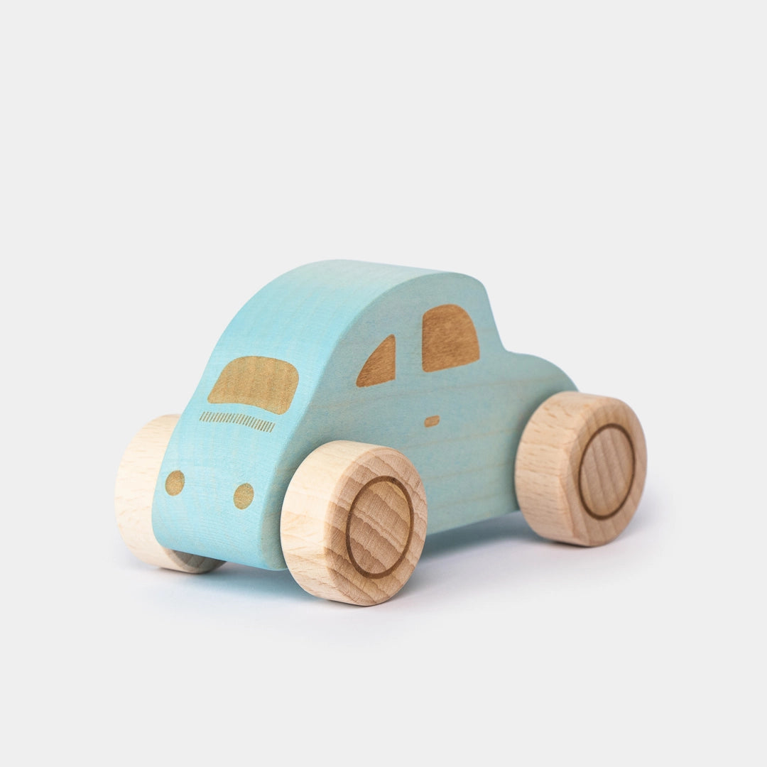 Blue wooden beetle toy car back view for preschool play 