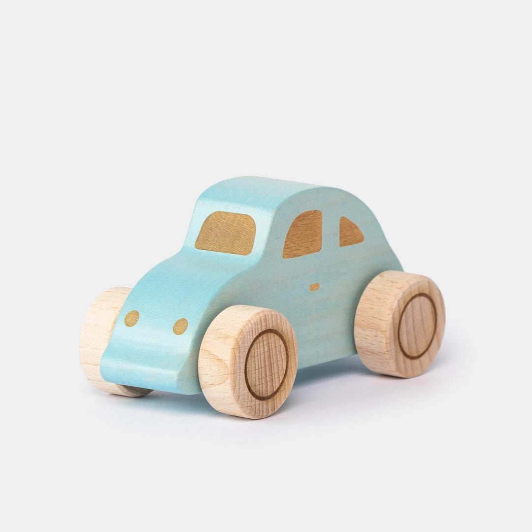 Blue wooden beetle toy car front angle view for preschool play 