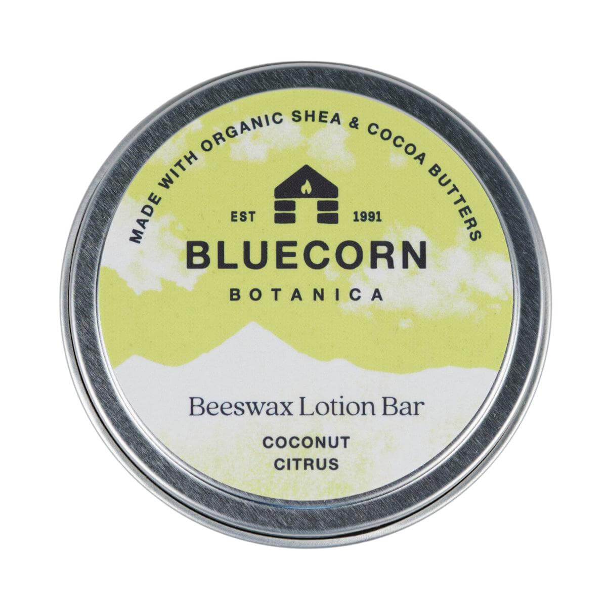 Bluecorn Botanica Coconut Citrus Beeswax Lotion Bar in round metal tin