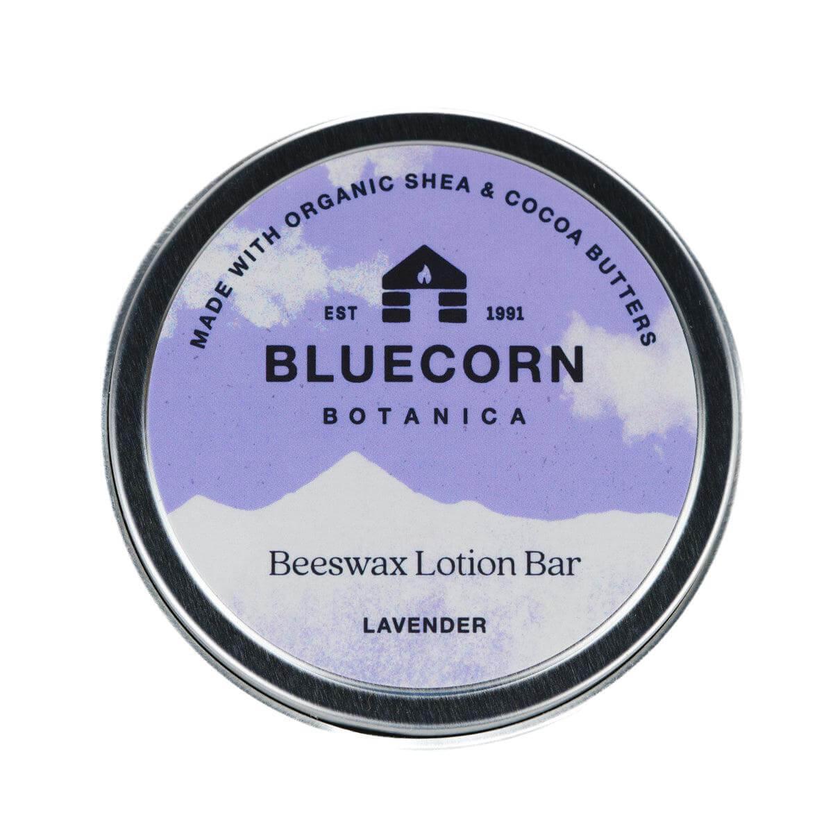 Bluecorn Botanica Lavender Beeswax Lotion Bar in round metal tin