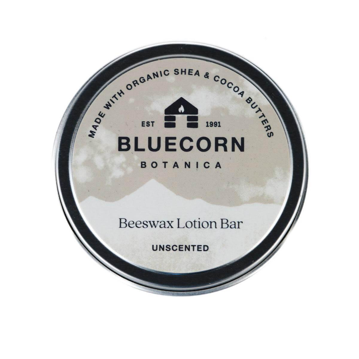 Bluecorn Botanica Unscented Beeswax Lotion Bar in round metal tin