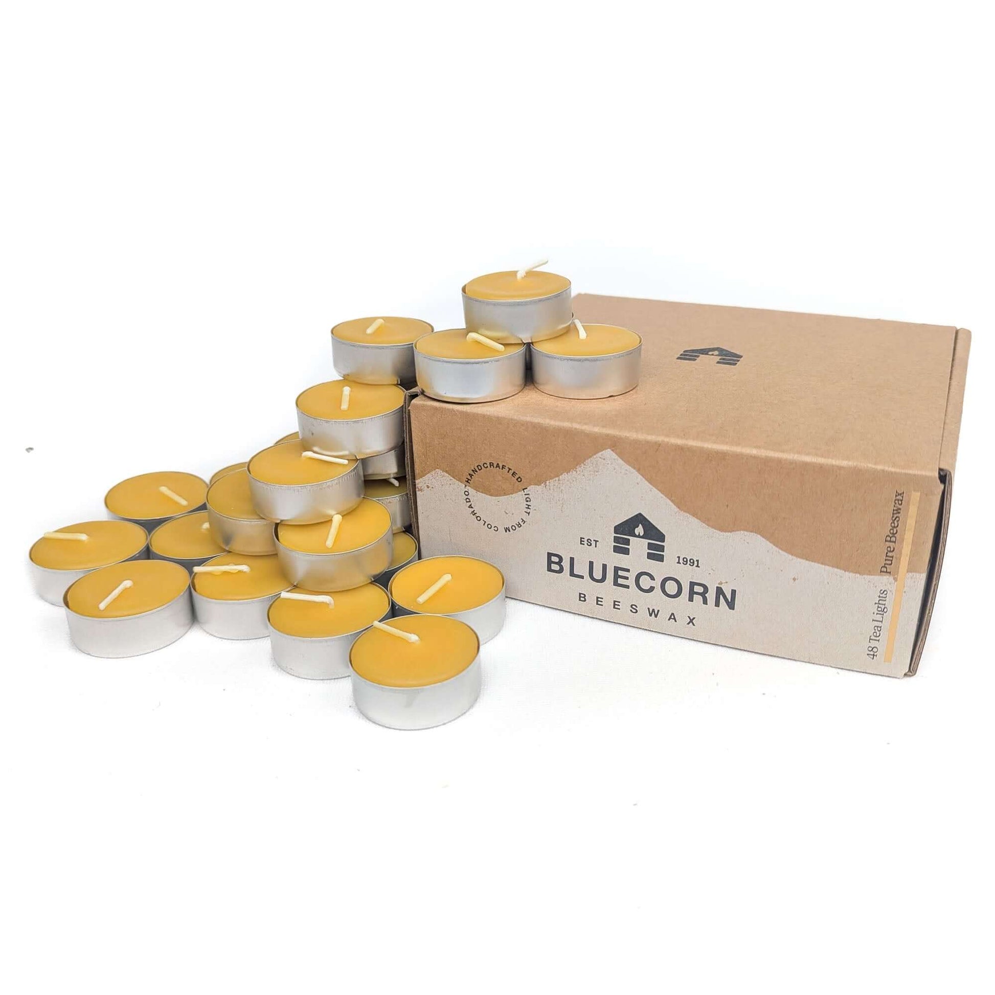 Box of Bluecorn Beeswax candles on a white background