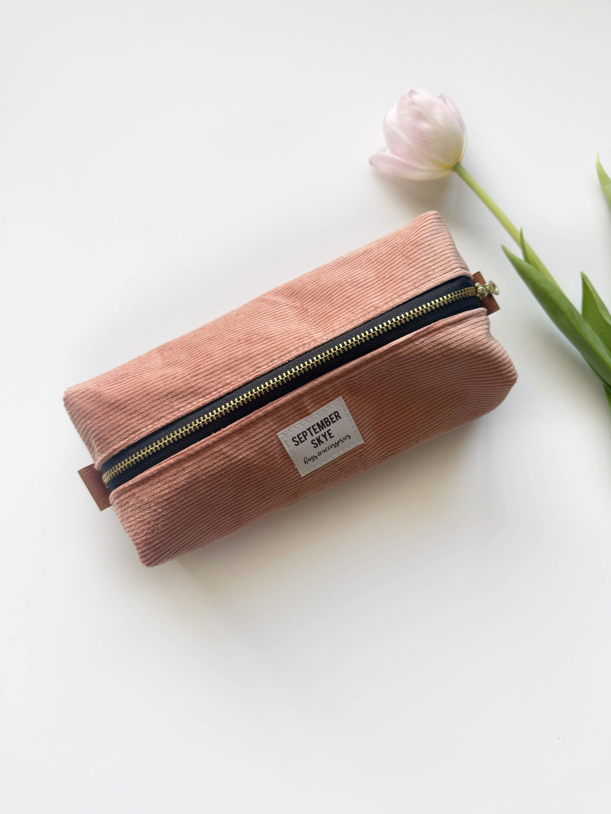 Blush corduroy boxy cotton pencil pouch by September Skye with gold-tone zipper   