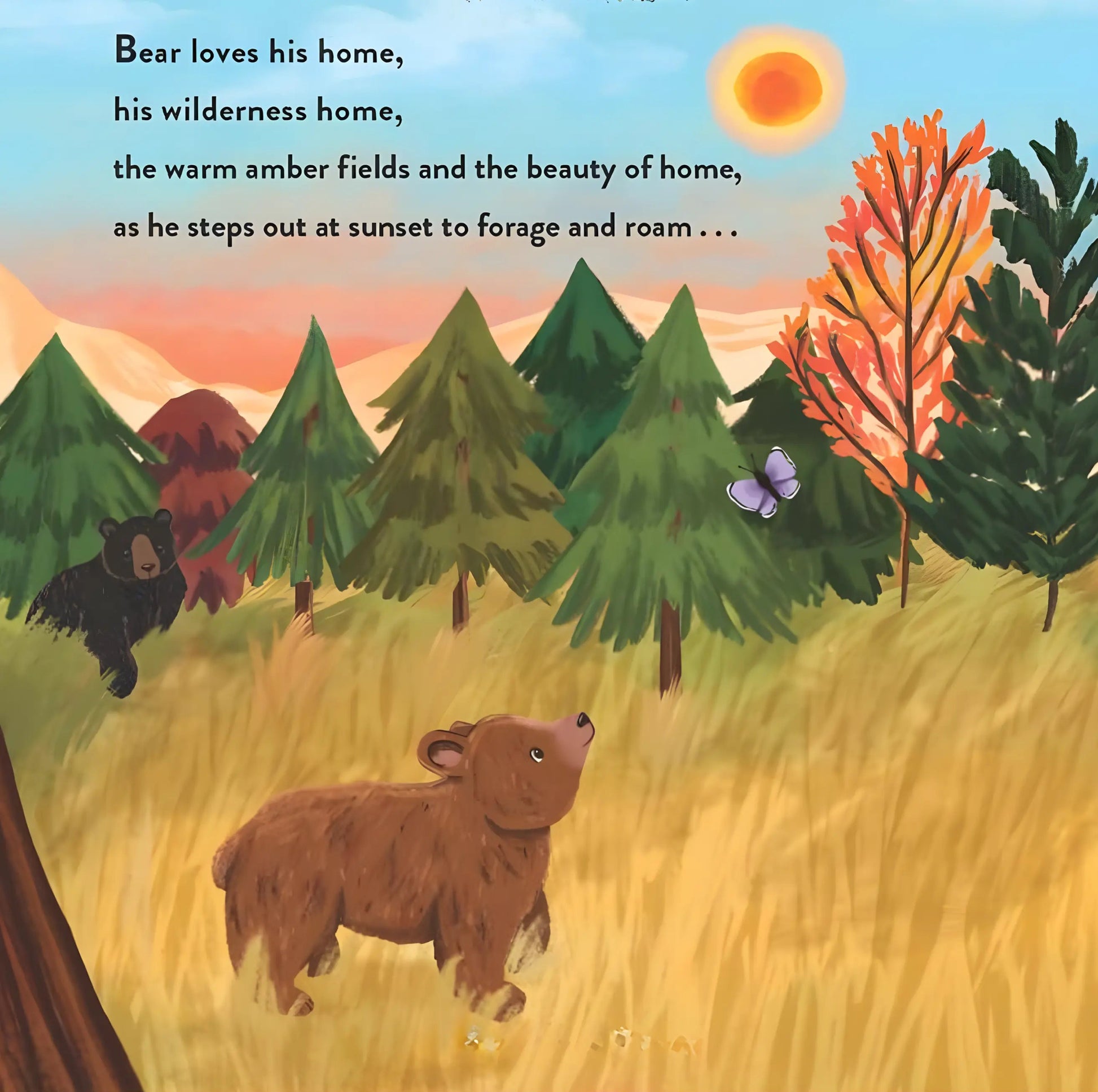 Illustration of a bear in a forest with trees and a butterfly, accompanied by text.
