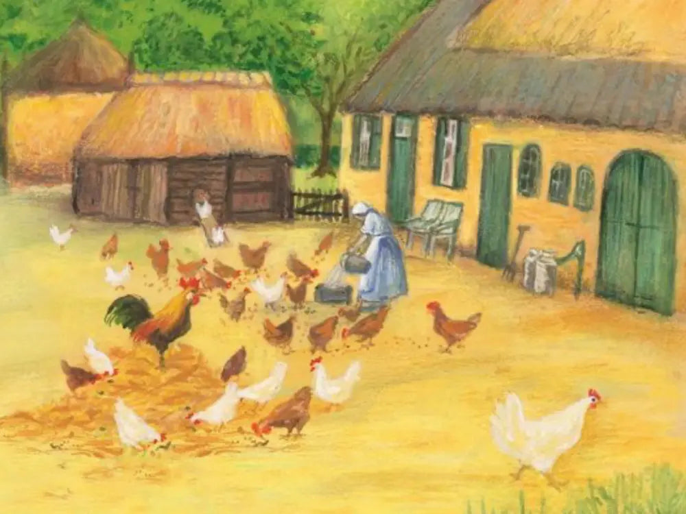 Illustration of a woman tending to chickens in a rural setting with huts and trees.