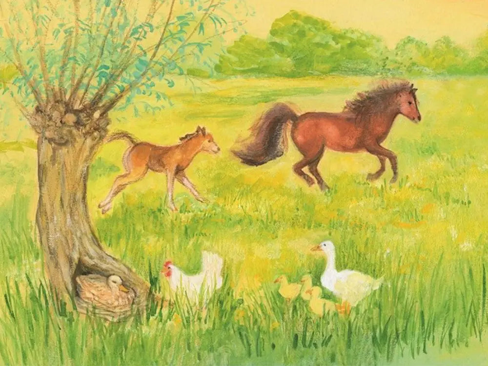 Illustration of a horse, foal, chickens, and ducks in a grassy field with a tree.