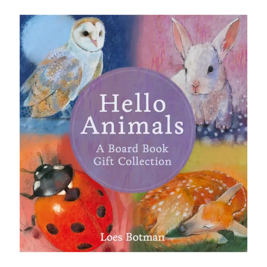 Book cover of 'Hello Animals' with illustrations of an owl, rabbit, ladybug, and deer.