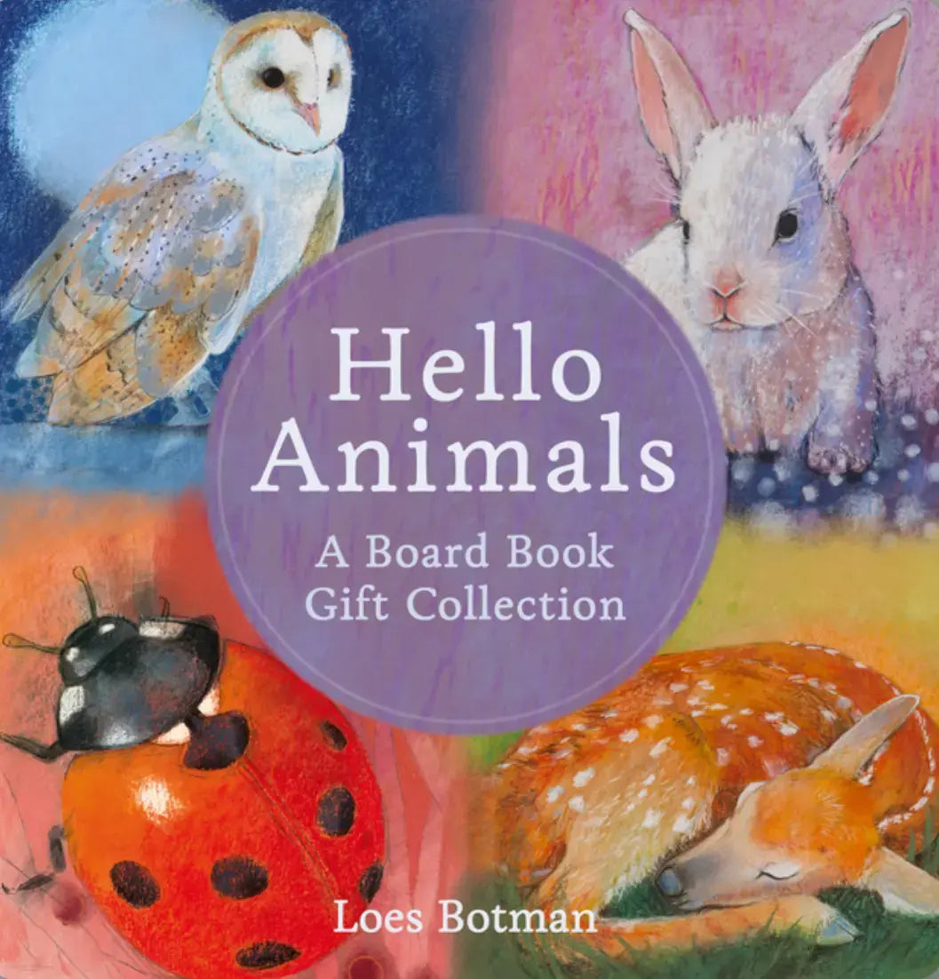 Book cover of 'Hello Animals' with illustrations of an owl, rabbit, ladybug, and deer.