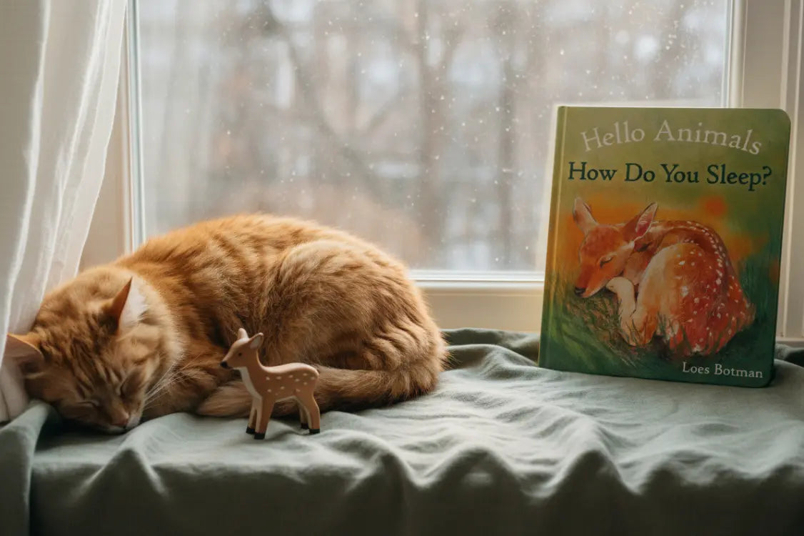 Cat sleeping on a windowsill with a book titled 'Hello Animals: How Do You Sleep?' and a deer figurine.