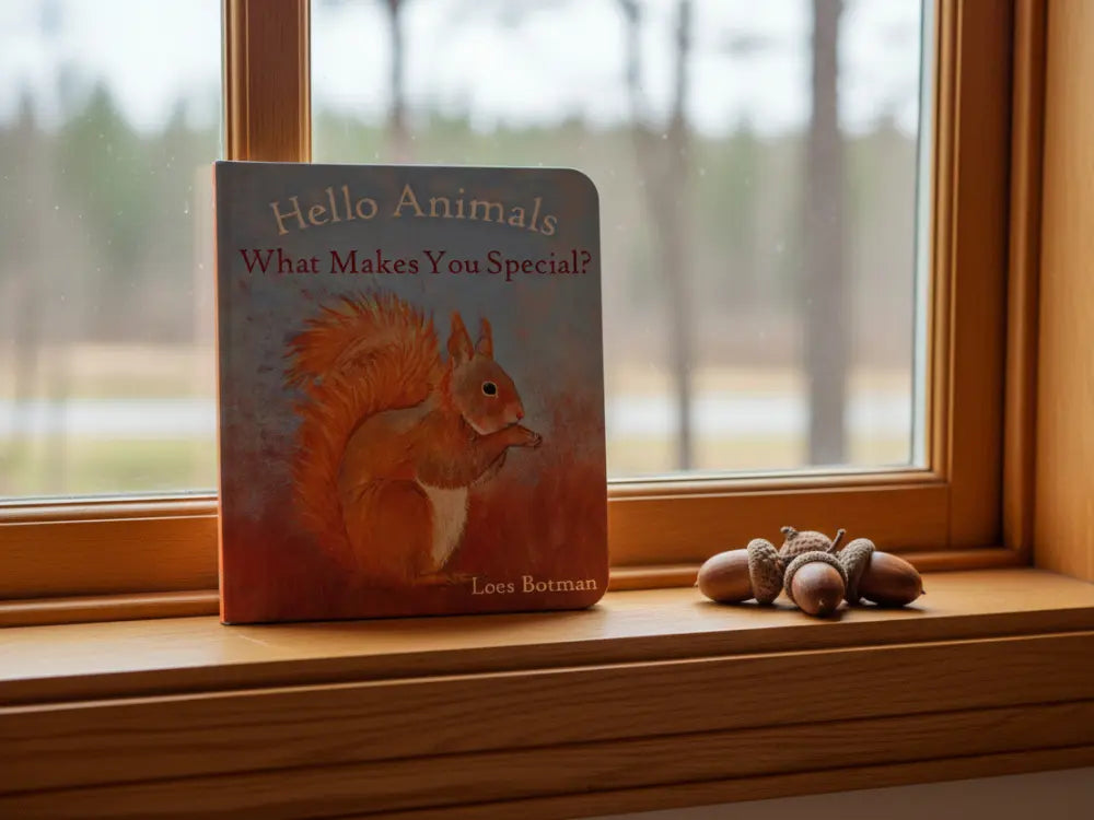 Children's book titled 'Hello Animals, What Makes You Special?' with a squirrel illustration on a windowsill.
