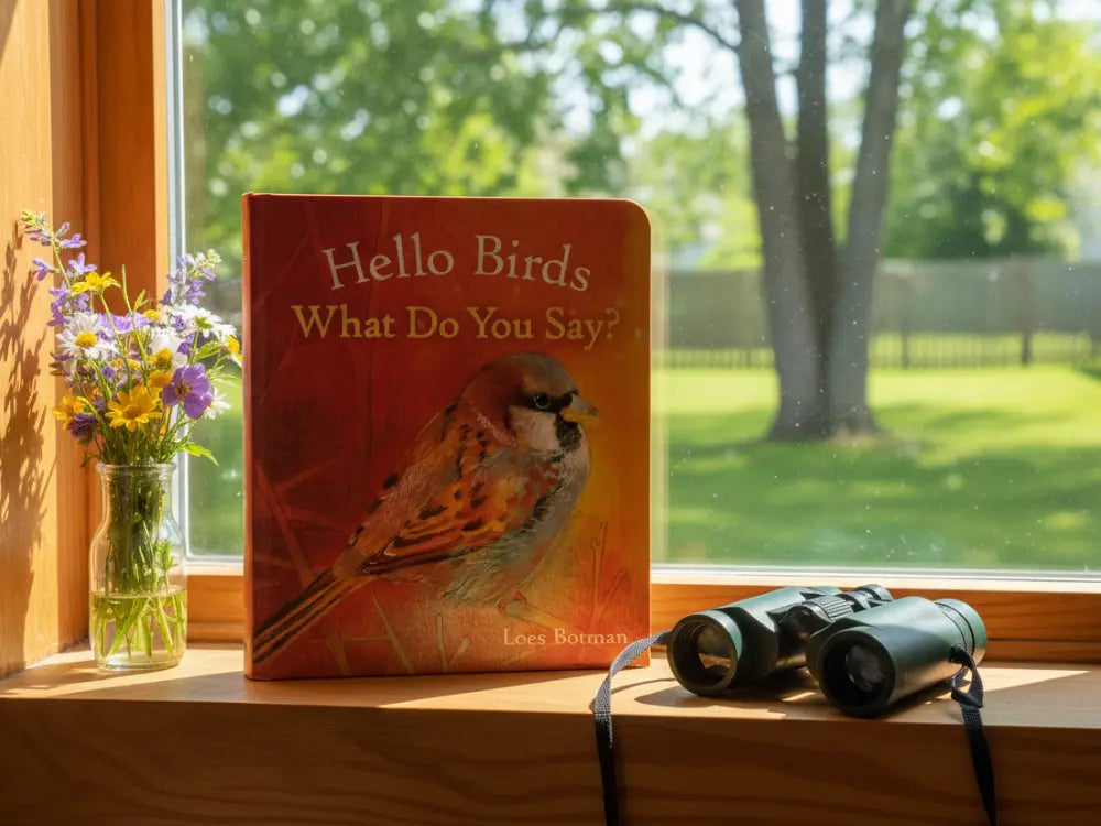 Book titled 'Hello Birds, What Do You Say?' on a windowsill with binoculars and flowers.