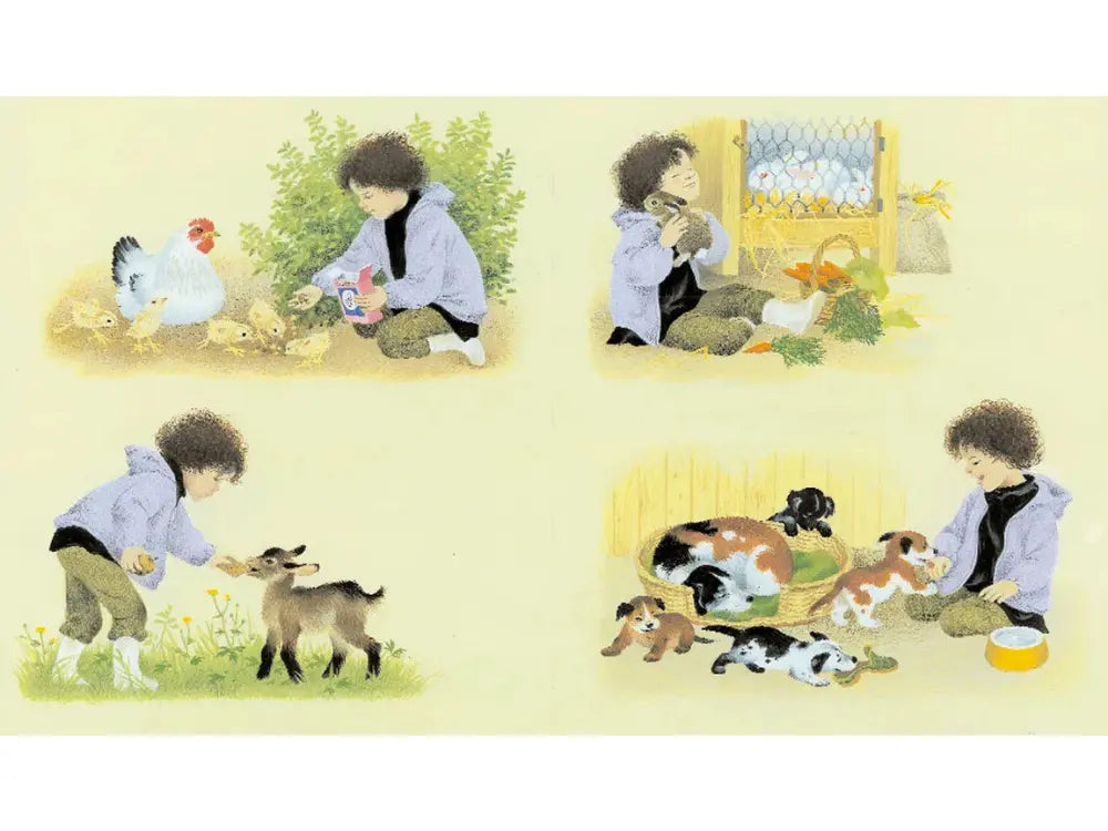 Illustrations of a child interacting with animals in various settings