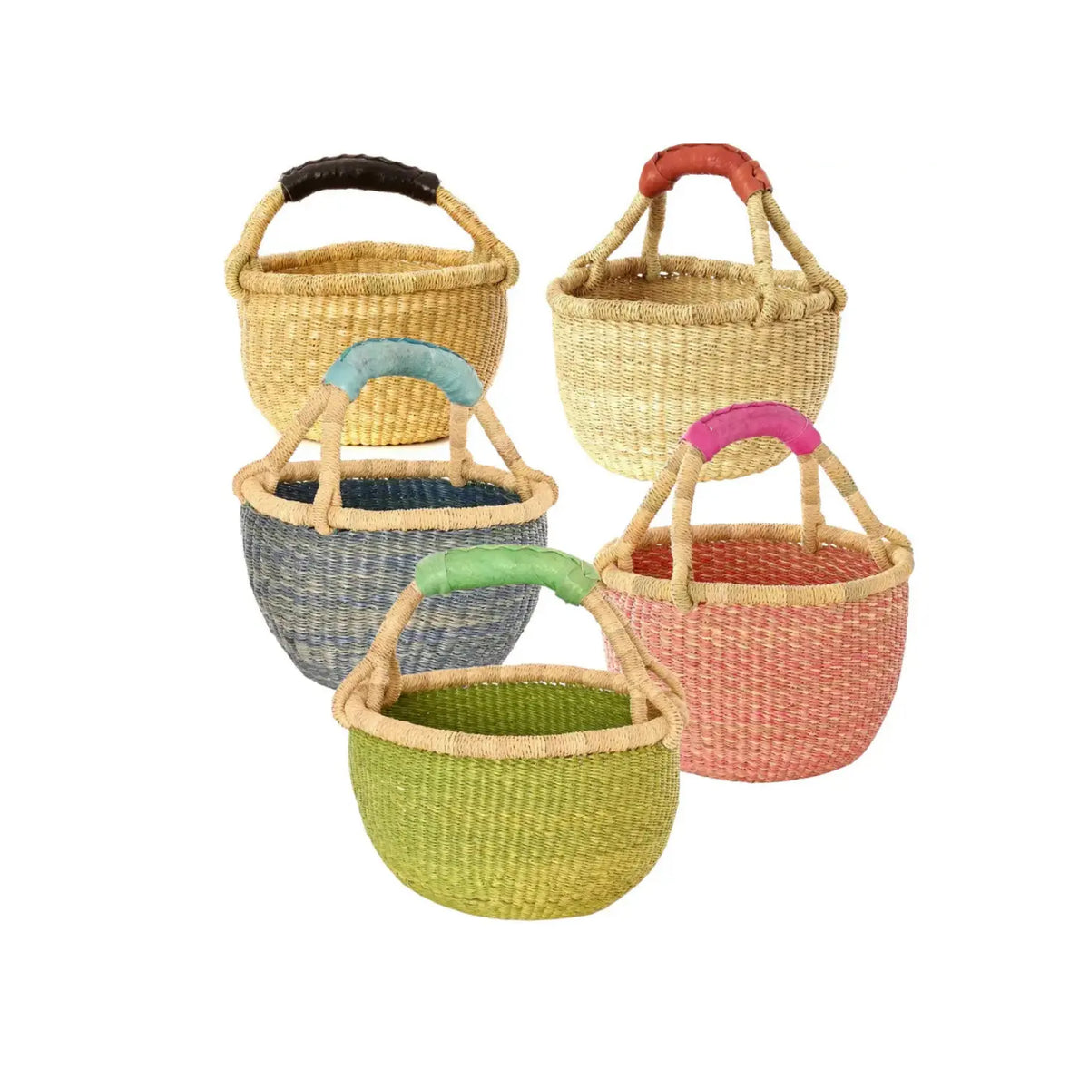 Five handwoven Baby Bolga baskets in natural, blue, green, and pink, featuring colorful leather-wrapped handles on a white background.