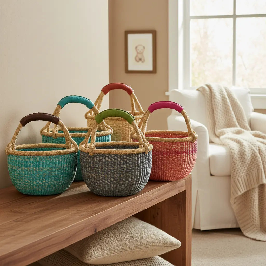 Colorful woven baskets on a wooden table in a living room setting.