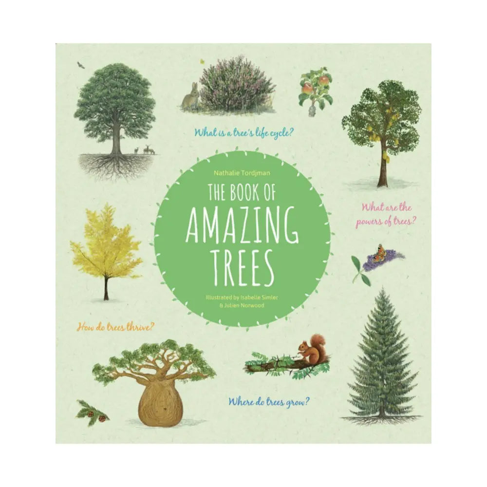Book cover of 'The Book of Amazing Trees' with illustrations of trees and questions about trees.
