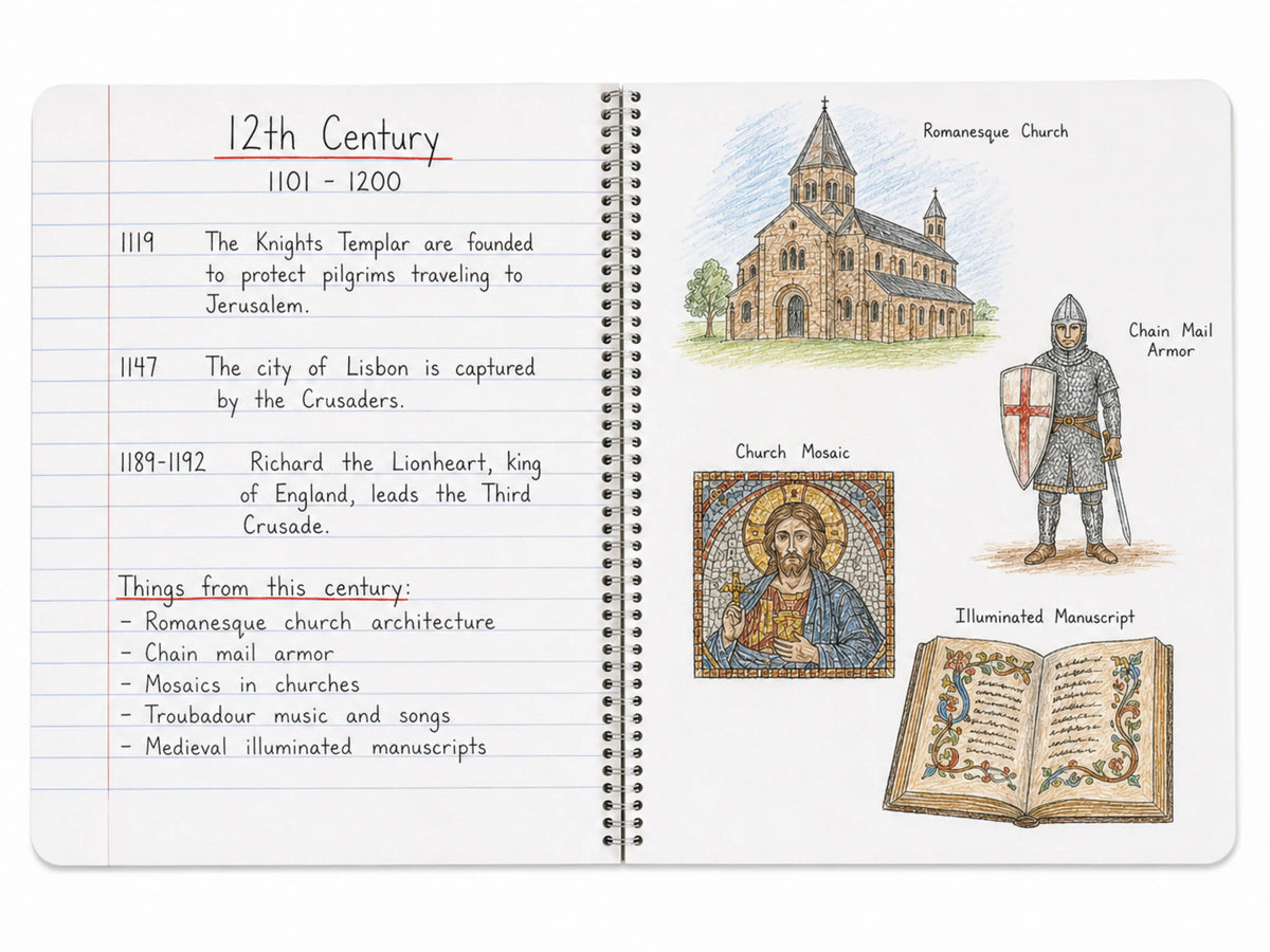 12th-century timeline with medieval notes and colored-pencil illustrations